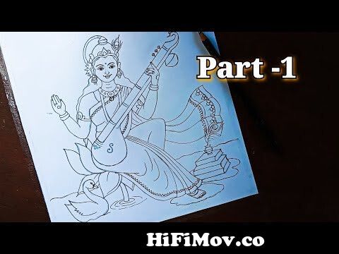 Saraswati Drawing Easy  simple steps to draw Saraswati Debi  Maa Saraswati  line drawing  Part 1  YouTube