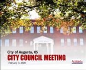 AGENDAnCITY OF AUGUSTAnCouncil MeetingnMonday, February 3, 2020n7:00 P.M.nnA.tCALL TO ORDERnnB.tPLEDGE OF ALLEGIANCEnnC.tPRAYERntPastor Lynn Lamberty, Augusta United MethodistntnD.tMINUTESnn1.tJANUARY 20, 2020 CITY COUNCIL MEETING MINUTES AND JANUARY 27, 2020 WORK SESSION MINUTESnnE.tAPPROPRIATION ORDINANCEntn1.tORDINANCE(S) ntConsider approval of Appropriation Ordinances #1 dated 1/8/2020 and #1A dated 1/22/2020.nnnF.tVISITORSn n1.tJamie Barton, representing the Isabella Weldin Chapter of the D
