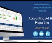 This is a recording of CoStar Real Estate Manager&#39;s Lease Accounting Center of Excellence webinar hosted on January 14th, 2020. The topic of this episode covers Ad Hoc reporting that could be created by you in the system. nn07:24 Reports Overviewnn09:15 Ad Hoc Demonn11:20 Dataset definitions:n11:27 Accounting Amortizationn11:47 Accounting Exceptionsn12:11 Accounting Discount Raten12:30 Accounting Journal Entry profilen12:53 GL Event Summaryn13:20 GL Scheduled Transactionn13:48 Lease Accountingn1