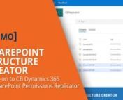 SharePoint Structure Creator is a solution you can add to your CB Dynamics 365 SharePoint Permissions Replicator. nnCB Permissions Replicator secures the Dynamics 365 documents you store in SharePoint, solving a significant security flaw in the out-of-box Microsoft integration.nnWith SharePoint Structure Creator, you can get the SharePoint documents you have coming from Dynamics 365 cleverly structured. You define the rules that make sense for you and your organization and let SharePoint Structu