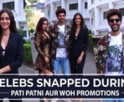 Kartik Aaryan, Ananya Panday and Bhumi Pednekar were spotted promoting Pati Patni Aur Woh on the sets of Indian Idol Season 11. Ananya Panday opted for an all-black look. Her hair and makeup were on point. Bhumi Pednekar, on the other hand, looked gorgeous in the one piece she opted for and Kartik Aaryan looked dapper in an army print jacket paired with brown sneakers.