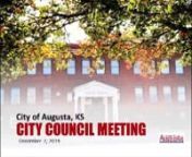 AGENDAnCITY OF AUGUSTAnCouncil MeetingnDecember 2, 2019n7:00 P.M.nnA. CALL TO ORDERnB. PLEDGE OF ALLEGIANCEnC. PRAYERnD. MINUTES (1:20)n1. NOVEMBER 18, 2019 CITY COUNCIL MEETING MINUTESna) Council Motion/VotennE. APPROPRIATION ORDINANCE (1:43)n1. ORDINANCE(S)nConsider approval of Appropriation Ordinance #11A dated 11/27/19.na) Council Motion/VotennF. VISITORS (2:11)n1. Call for Other Visitors.nnG. BUSINESSn1. PRESENTATION OF 2018 AUDITED FINANCIALS (2:30)nReceive and file a presentation on 2018