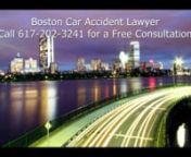 Call or go to http://www.CarAccidentLawyerBostonMa.net for a Boston car accident lawyer if you have been injured in an auto accident in the Boston area. The best way to receive the full compensation you deserve is to have experienced and aggressive legal representation. This group of experts is a perfect place to start. Call 617-202-3241 for a free consultation in the Boston area.