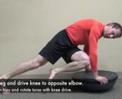 Purpose: Increase strength of trunk and improve shoulder stability.n1. Place hands on edge of Bosu Ball. Assume push up position. n2. Pack shoulders down and back while contracting glutes and core.n3. Lift foot, rotate hips towards opposite elbow and pull knee to the elbow. n4. Retract foot back to floor and repeat with other leg. n* Move at a slow and controlled tempo. n**Master High Plank Knee Drive with Rotation before attempting this exercise. nnhttp://www.therapeuticexchange.comnContributor