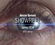 Alessio Bertotti - Showreel Spring 2014 of VFX, 3D, Compositing and Motion Graphics works.n n- Bet365 (Absolute Post): 00:06 backgrounds compositing and 00:09 hologram head look development and animation trough 3D and 2D processes.nn- Vision Express (Fieldtrip): 00:11 opening shot compositing, look development, modelling and camera animation, created using multiple footages projected on geometry.nn- Only Lovers Left Alive (Pixomondo): 00:17 dead man replace through 1300 frames using projection t