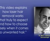 www.medicallaserhairremoval.bennLaser Hair Removal has improved substantially over the years. nLatest update 2014, by Dr Karavani DermatologistnnThis video explains how laser hair removal works,nwhat truly to expectnand how to choose wisely nwhen it comes to unwanted hairnnThe benefits of laser hair removal are substantial:nMore hair free daysnLess effort and time to spendnNo painnNo ingrown hairsnNo irritationsnCheapest method nSo keep watching to find out morennWhen is Laser Hair Removal you