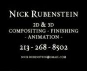 Nick Rubenstein -- Work Reel 2013 Animation / Compositing / Finishing nnExamples on this reel are from theatrical trailers and commercial work performed for Imaginary Forces and Buddha Jones. Some graphics shown are provided to show context only.nnBreakdown:nn00;00;00;00 - 00;00;05;02 t tWork Reel Title Card: Concept / Typography / Camera Tracking / Compositing / Time Remappingn00;00;05;03 - 00;00;10;03ttRango Trailer Campaign: Typography / Graphic Finishing n00;00;10;04 - 00;00;14;21ttParanorma