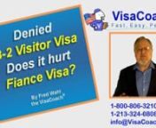 https://www.visacoach.com/b2-visa-denied-effects-on-k1/ Being denied for a B-2 visitor visa, because your fiance applied for the WRONG visashould not hurt the fiancee’sr chances for any future visas, as long as all questions asked during the B-2 visa application process are honestly and factually answered.nnTo Schedule your Free Case Evaluation with the Visa Coachnvisit https://www.visacoach.com/schedulenor Call - 1-800-806-3210 ext 702 or 1-213-341-0808 ext 702nFiancee or Spouse visa, Which