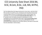 http://www.ejobsadmit.in/ccs-university-date-sheet-ba-b-sc-b-com-b-ed-llb/nThe Time Table of the CCSU Meerut for BA, B.SC, B.Com, B.Ed., LLB, MA, M.Phil, PHD and other UG and PG courses will declare by the Chaudhary Charan Singh University, Meerut Online on its authorized link that Is mention below. The contenders you can download the CCS University Date Sheet 2016 for 1st to 8th semester exam time table will present to download very shortly.