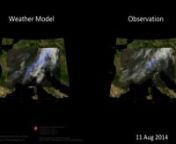 Left side: nThe movie shows a visualization of the high resolution regional weather model (COSMO-1) with simulated precipitation (blue layer) and cloud top temperature (white: cold; black: warm) over a mosaic of satellite images. Spatial resolution is 1.1km while temporal resolution is 2.5 minutes.nnRight side: nAnimated weather radar precipitation (MeteoSwiss radar network; blue layer) and satellite cloud top temperature measurements (Meteosat IR 10.8µm; white: cold; black: warm) over a mosaic