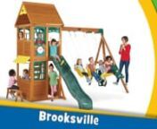 Big Backyard Premium Brooksville Wooden Play Set / Swing SetnnThe Brooksville Play Set by Big Backyard Premium is the perfect outdoor oasis for your children to engage in active and imaginative play year after year!nnKids will stay active climbing the Rock-climbing Wall to the Upper Clubhouse where they can wave to friends out of the Decorative Windows or play under the shade of the beautiful Wooden Roof. After they cruise down the extra deep High Rail Wave Slide, watch as your children set the