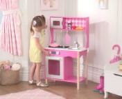 Let’s cook up some fun! The Sweet Sorbet Kitchen is a one-of-a-kind toy that young girls are sure to love. This wooden play kitchen is super sturdy and was designed to last for years and years. Parents will love the smart storage options, which help keep bedrooms tidy and organized. Features include: nn• Oven and microwave open and closen• See-through doors on oven and microwave n• Three storage hooks under the microwaven• Molded plastic burners -- they look so real! n• Removable sin