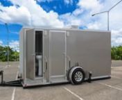 The ADA Portable Restrooms Trailer + 4 Station Restroom Rentals &#124; Maui Series is one of our most popular ADA units, featuring an attractive 2-tone interior design. This unique floor plan includes 1 women’s suite with 2 stalls, 1 men’s suite with 1 stall and 1 urinal, and 1 ADA unisex suite, each with a separate entrance. Each standard stall contains a privacy stall pedal flush china toilet, pedestal sink, and shatterproof mirror. nnThis trailer features a hydraulic lift system for the traile