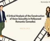 58739nnnThis study seeks to examine the construction of Asian sexuality through the characters featured in three Hollywood romantic comedies: Crazy Rich Asians (2018), To All The Boys I’ve Loved Before (2018) and Always be my Maybe (2019). Informed by Hall’s (1995, 1997) works on stereotypes and Berg’s (2002) conceptualization of mediated stereotypes, this study focuses on how existing Asian sexual stereotypes, such as the hypersexualized or submissive Asian women and the asexual and emasc