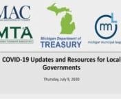 For updates visit Coronavirus Resources for Municipal Leaders http://mml.org/coronavirusnEmail questions to coronavirus@mml.orgnnIn partnership with the Michigan Municipal League, Michigan Townships Association and Michigan Association of Counties, the Michigan Department of Treasury is pleased to announce the fifth joint webinar, “CARES Act Funding for Municipalities Explained – Michigan Treasury Webinar.nnTopics will include updates, guidance, and instructions on CARES Act Funding for Loca