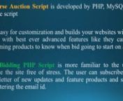 Reverse Auction Script is developed by PHP, MySQL open source script. So it is easy for customization and builds your websites with own ideas with best ever advanced features like they can view upcoming products to know when bid going to start on a date.nnOur Bidding PHP Script is more familiar to the user to handle the site free of stress. The user can subscribe to the newsletter of new updates and feature products and services by entering the email id.nnOnce the user subscribed to the Reverse