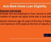 If you are interested to apply for home loan, Check Axis Bank home loan interest rates, eligibility criteria and documents required to apply for home loan and you can also check for the Home Loan EMI Calculator to calculate Home Loan EMI. To know more about Home Loan EMI, do visit https://www.bankbazaar.com/home-loan-emi-calculator.html