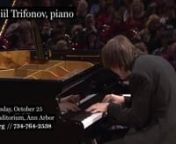 WEDNESDAY, OCTOBER 25, 2017 7:30 PM // HILL AUDITORIUMnhttps://ums.org/performance/daniil-trifonov-piano/nn“He is, no other word, a phenomenon. Like Rachmaninoff, he is both a dazzling pianist and composer.” (The Guardian)nAt 20, Daniil Trifonov won first prize at both the Tchaikovsky and Rubinstein competitions. Now 26, this dazzling Russian pianist makes his UMS recital debut after a wildly successful appearance with the Montreal Symphony in 2016. He takes a deep dive into the music of Cho