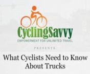 This is an excerpt from the CyclingSavvy Basic Course lesson on High Risk Areas. For more, visit https://online.cyclingsavvy.orgnnScript:nnLarge vehicles present special hazards that you need to understand.nnThe simple but essential rule is: nnever ever… ride along the right side of a large trucknnDo not pass a truck on the right.nnIf a truck passes you and then slows, or stops next you at an intersection, do not stay beside it. Do what you need to do to not be there.nnTo explain why, we’ll