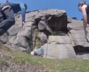 Jonathan Cheetham nearly craters on Kelly’s Overhang (HVS 5b) at Stanage North in the Peak District, U.K.nnNew Weekend Whippers every Friday on rockandice.com. Go there!