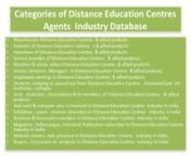 Distance Education Centres database of India nNow e-Branding India is started working from database vending to target specific data analysis services where we will narrow down and can provide very much specific data as per industry to help to do your prospect marketing far better .nCategories of Distance Education Centres AgentsIndustry Databasenn•tManufacture Distance Education Centres&amp; allied products n•tExporter of Distance Education Centres s &amp; allied productsn•tImpor