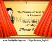 Customize this video at https://seemymarriage.com/product/bapu-bomma-telugu-wedding-animated-video-with-budugu-characters/nCreate more Wedding invitations @ https://seemymarriage.com/create-wedding-invitation-video-card/nCreate Wedding videos @ https://seemymarriage.com/video-invitations/?pa_events=WeddingnAbout the Video nThe Story: The curtain raises to a wonderful and traditional Telugu e-invite. The groom and the bride are sketched in a &#39;Malgudi Days&#39; fashion. The boy seems to not care for t