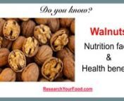 Walnuts are very high energy foods loaded with healthy fats. Fortunately, these nuts contain omega-3 fatty acids which are very beneficial for your heart health.nMany people associate high fat content with high cholesterol. But walnuts do not contain any cholesterol at all. In fact, these nuts may help in reducing your total &amp; LDL cholesterol i.e. bad cholesterol.nThey are also very good sources of protein. Even the dietary fibre quantity of these nuts is quite good.nWalnuts are excellent so