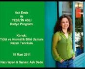 Aslı Dede&#39;nin hazırlayıp sunduğu Yeşil&#39;in Aslı programında 18 Mart 2011 tarihinde Tıbbi Bitki Uzmanı Nazım Tanrıkulu konuk oldu. Programın ilk bölümünü dinleyebilirsiniz.
