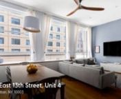 View the listing here: https://www.compass.com/listing/1004254691299988313/viewnnJust steps from Union Square there is an intimate, sleek building on 13th Street called The Rose Condominium. Only three owners for seven floors and now the fourth floor is available for its first resale. As the elevator opens you enter into a beautiful and functional entryway complete with a custom-made oak and steel DiResta cantilever bench. The ceiling, an ode to Frank Loyd Wright, is of raw steel slats and yello