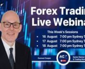 Register Here: https://acy.com.au/en/education/webinarsnn16AUGnForex Trading - Live Market AnalysisnENnTue,7:00PM SYDNEY TIMEnn60 minsnDuring this webinar, Duncan Cooper will review 12 currency pairs, determine the key support and resistance trading levels for the week ahead, discuss his favourite risk to reward trading opportunities, and answer your trading questions.nn17 AUGnTrading the 79% Fib Retracement Pattern Across Different Time FramesnENnWed,7:00PM SYDNEY TIMEnn60 minsnDuncan Cooper wi
