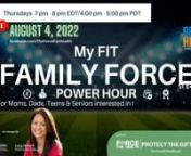 Join us for My Fit FamilyFORCE Power Hour, a special, weekly 10 part Summer Health Series for moms, dads, teens and seniors who are interested in playing as a TEAM in the upcoming Reality Health Games premiering this fall.nnThis is the fourth episode in a series of ten that kicked off July 7, 2022nnThis is will air LIVE on Facebook on Thursday, August 4 at, 4:00 pm PDT/7:00 pm EDT.nnScan the QR Code, join the community and start playing Reality Health Games with us today!