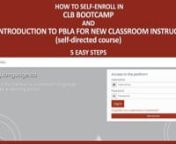 Welcome to the CCLB e-learning portal.nnIn this video, you will learn How to self-enroll in CLB Bootcamp and the Introduction to PBLA for new classroom instructors (self-directed course). 5 easy steps. nnSTEP 1: Open your browser and go to the CCLB Learning Platform.nTo get there, go to learning.language.ca and locate the panel you see on the screen.nnStep 2: Log into your account or create an accountnIf you already have an account at this site, enter your username (or email address) and passw