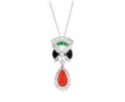 https://www.ross-simons.com/993628.htmlnnC. 1990. Presented by our Estate collection, this sprightly design is sure to catch a lot of admiring looks! The fanciful pendant presents a 10.5x6mm pear-shaped red coral cabochon, 4x5mm carved onyx gems and stripe of .10 ct. t.w. green tsavorite squares illuminated by .75 ct. t.w. round brilliant-cut diamonds. Crafted in 18kt white gold. Suspends from a cable chain. Lobster clasp, diamond, onyx and red coral pendant necklace. Exclusive, one-of-a-kind Es