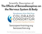 In a very simplified way, this video explains how benzodiazepines affect the nervous system and body. nnThis video was created by the Benzodiazepine Action Work Group (BAWG) at the Colorado Consortium for Prescription Drug Abuse as part of the Recovering from Benzodiazepines Peer Support Training Course. To learn more about this course, please visit https://benzopeertraining.org. For more information about the Benzodiazepine Action Work Group, visit: https://benzoaction.org.nnCHAPTERSnn00:00In
