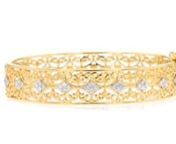 https://www.ross-simons.com/985080.htmlnnOur oh-so-fancy bangle bracelet trails the wrist with intricate filigree detailing that is sparked by sections of .50 ct. t.w. round brilliant-cut diamonds. Crafted in 18kt yellow gold over sterling silver. Hinged with a figure 8 safety. Box clasp, diamond filigree bangle bracelet.