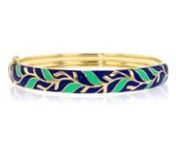 https://www.ross-simons.com/986242.htmlnnAn RS exclusive. Give your stack a refreshing makeover with botanic-inspired bangle! Here, lush green enamel leaves wind along a dark blue enamel backdrop, painting pretty scenery along the 18kt yellow gold over sterling bracelet. Hinged with a figure 8 safety. Box clasp, blue and green enamel leaf bangle bracelet.