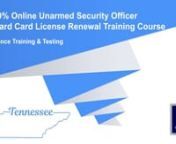 ALLIANCE TRAINING AND TESTING @GuardTrainingTNnhttps://sleek.bio/guardtrainingtnn100% Online Unarmed Security Officer Guard Card License Renewal Training CoursenState of Tennessee nAlliance Training and TestingnCourse OverviewornB Any misdemeanor involving:ni Shooting a firearm or other weapon;nii Shoplifting;niii Assault and battery or other act of violence against persons or property;niv Crimes involving the sale, manufacture or distribution of controlled substances, controlledSubstance an