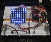 Game Pong created with 8x8 Led Matrix on Arduino Diecimila (microcontroller Atmel ATMega 168). For more informations http://blog.bsoares.com.br/arduino/ping-pong-with-8x8-led-matrix-on-arduino