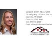 602 Parkvue Pl Dr Nashville TN 37221 &#124; Meredith Smith nnMeredith SmithnnMeredith became a licensed Realtor in 2003 where her career began in Maine, servicing buyers and sellers with great pride until relocating her real estate business to the Nashville in 2017.nnWhen Meredith is not relentlessly working for her clients to help them achieve their real estate goals, you can find her spending time with her husband Aaron and their 2 rescue coonhounds, Daisy Lu and Red. Meredith loves distance runnin