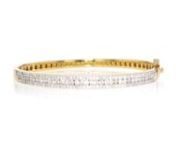 https://www.ross-simons.com/917779.htmlnnYoull love our scintillating diamond bangle! In polished 18kt yellow gold over sterling silver, it flashes and flickers with three rows of round brilliant-cut diamonds, totaling 2.00 carats. Wear it to the office or to an after-hours soiree. Figure 8 safety. Box clasp, diamond bangle bracelet.