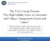 On Wednesday, September 15, 2010, The TASA Group, Inc., in conjunction with school safety expert Dale Yeager, presented a free, one-hour, interactive webinar for legal professionals and school administrators.During this program, our presenter covered the 5 key issues that relate to security and safety:nn*The Issue of Poor Managementn*The Dirty Secrets and Lessons that Should Have Been Learned from Virginia Techn*Federal Law and Cover-upsn*Why Higher Education is Failing Students and Staffn*The