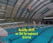How to backflip tutorial 202c 1 meter springboard diving board.nnTranscript (English):nThe back flip tuck or 202c on 1 meter springboard is a fun skill to learn. Mastery of the springboard will be the bulk of learning this flip.nnThe video will show the steps to coordinate the ankle press, the arm swing during leg squat, the jump, the tuck and the kick out.nnLearn one skill at a time. Repeat each skill until it is controllable. Maintain control of the core during all parts. The takeoff positions