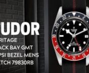 The Tudor Heritage Black Bay GMT Pepsi references the most important GMT watch of all time - the Rolex GMT-Master Pepsi. Its bi-colored 24-hour bezel and GMT hand allows for the reading of a second time zone. It also has a matte dial that provides the perfect contrast for its large, luminous markers and hands.nnFULL DETAILS AND PRICING:nTudor Heritage Black Bay GMT Pepsi Bezel Mens Watch 79830RBnhttps://www.swisswatchexpo.com/watche...nnStainless steel oyster case 41.0 mm in diameter. Tudor logo