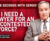 Florida Attorney Sergio Cabanas answers the question of whether a lawyer is needed for an Uncontested Divorce. He has outlined this topic in a brief 60-second overview to provide you with important information in a concise fashion. nnPara la version en español, ver aquí:n¿Necesito un Abogado para un Divorcio No Disputado?nhttps://vimeo.com/652156006nn***Please note that the information in this video is not an adequate substitute for a consultation with an attorney who is knowledgeable in this