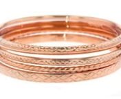 https://www.ross-simons.com/780305.htmlnnIn a variety of textures to mix, match and stack: a set of five beautiful bangle bracelets in textured and polished 18kt rose gold over sterling silver. Slip-on, 18kt rose gold over sterling silver bangle bracelet set.