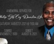 Memorial Service fornPhilip McCoy Dunston, Sr.nSaturday, August 21, 2021n11:00 AMnnPhilip McCoy Dunston, Sr., 81 of Charlotte, NC passed away on Sunday, August 8, 2021, at Peak Resources Nursing Home. nnHe was born on November 2, 1939, in Bunn, North Carolina to Woodrow and Hazel Dunston.He was the oldest male child of eight children.nnPhilip (aka Phil) was a graduate of Riverside High School and attended Johnson C. Smith University on a football scholarship. He was an avid reader and life-lon