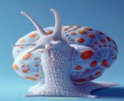 Prompt Midjourney : A white snail with three heads and four arms, with a symmetrical pattern of orange spots on his body, shown from the front view, with symmetrical patterns, on a baby blue background, rendered in 3D --ar 2:3 --v 6.0