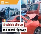 This caused the truck to crash into 14 other vehicles that stopped at the Federal Highway-Shapadu Highway traffic light.&#60;br/&#62;&#60;br/&#62;Read More: https://www.freemalaysiatoday.com/category/nation/2024/04/10/15-vehicle-pile-up-due-to-garbage-truck-brake-failure/&#60;br/&#62;&#60;br/&#62;Laporan Lanjut: https://www.freemalaysiatoday.com/category/bahasa/tempatan/2024/04/10/brek-rosak-punca-lori-sampah-langgar-14-kenderaan/&#60;br/&#62;&#60;br/&#62;Free Malaysia Today is an independent, bi-lingual news portal with a focus on Malaysian current affairs.&#60;br/&#62;&#60;br/&#62;Subscribe to our channel - http://bit.ly/2Qo08ry&#60;br/&#62;------------------------------------------------------------------------------------------------------------------------------------------------------&#60;br/&#62;Check us out at https://www.freemalaysiatoday.com&#60;br/&#62;Follow FMT on Facebook: https://bit.ly/49JJoo5&#60;br/&#62;Follow FMT on Dailymotion: https://bit.ly/2WGITHM&#60;br/&#62;Follow FMT on X: https://bit.ly/48zARSW &#60;br/&#62;Follow FMT on Instagram: https://bit.ly/48Cq76h&#60;br/&#62;Follow FMT on TikTok : https://bit.ly/3uKuQFp&#60;br/&#62;Follow FMT Berita on TikTok: https://bit.ly/48vpnQG &#60;br/&#62;Follow FMT Telegram - https://bit.ly/42VyzMX&#60;br/&#62;Follow FMT LinkedIn - https://bit.ly/42YytEb&#60;br/&#62;Follow FMT Lifestyle on Instagram: https://bit.ly/42WrsUj&#60;br/&#62;Follow FMT on WhatsApp: https://bit.ly/49GMbxW &#60;br/&#62;------------------------------------------------------------------------------------------------------------------------------------------------------&#60;br/&#62;Download FMT News App:&#60;br/&#62;Google Play – http://bit.ly/2YSuV46&#60;br/&#62;App Store – https://apple.co/2HNH7gZ&#60;br/&#62;Huawei AppGallery - https://bit.ly/2D2OpNP&#60;br/&#62;&#60;br/&#62;#FMTNews #iCity #15vehicleaccident