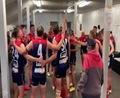 Latrobe players sing their song proudly after a 57-point victory against Circular Head in round two of the NWFL season.