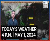 Today&#39;s Weather, 4 P.M. &#124; May 1, 2024&#60;br/&#62;&#60;br/&#62;Video Courtesy of DOST-PAGASA&#60;br/&#62;&#60;br/&#62;Subscribe to The Manila Times Channel - https://tmt.ph/YTSubscribe &#60;br/&#62;&#60;br/&#62;Visit our website at https://www.manilatimes.net &#60;br/&#62;&#60;br/&#62;Follow us: &#60;br/&#62;Facebook - https://tmt.ph/facebook &#60;br/&#62;Instagram - https://tmt.ph/instagram &#60;br/&#62;Twitter - https://tmt.ph/twitter &#60;br/&#62;DailyMotion - https://tmt.ph/dailymotion &#60;br/&#62;&#60;br/&#62;Subscribe to our Digital Edition - https://tmt.ph/digital &#60;br/&#62;&#60;br/&#62;Check out our Podcasts: &#60;br/&#62;Spotify - https://tmt.ph/spotify &#60;br/&#62;Apple Podcasts - https://tmt.ph/applepodcasts &#60;br/&#62;Amazon Music - https://tmt.ph/amazonmusic &#60;br/&#62;Deezer: https://tmt.ph/deezer &#60;br/&#62;Tune In: https://tmt.ph/tunein&#60;br/&#62;&#60;br/&#62;#TheManilaTimes&#60;br/&#62;#WeatherUpdateToday &#60;br/&#62;#WeatherForecast